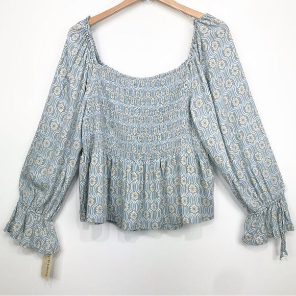 Rewind NEW Light Blue Floral Double Crepe Shirred Front Peasant Boho Blouse - Picture 6 of 15